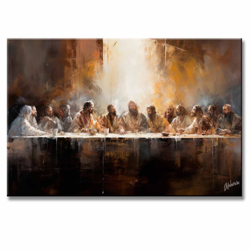 Cuadro la ultima cena de 120x80 cm pintado a mano en acrílico con relieve táctil. Muestra una representación moderna de la Última Cena de Jesús y los apóstoles en colores blanco, gris, negro, ocre y dorado, ideal para sala o comedor.