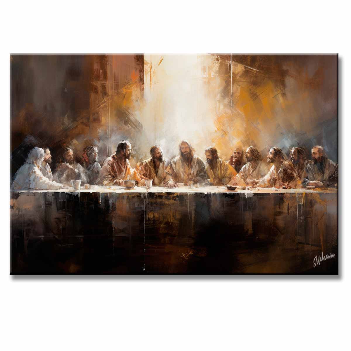 Cuadro la ultima cena de 120x80 cm pintado a mano en acrílico con relieve táctil. Muestra una representación moderna de la Última Cena de Jesús y los apóstoles en colores blanco, gris, negro, ocre y dorado, ideal para sala o comedor.