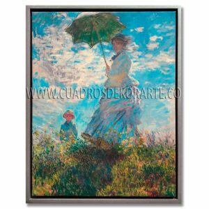 Mujer con Sombrilla Claude Monet con marco en color plata impresión en canvas.