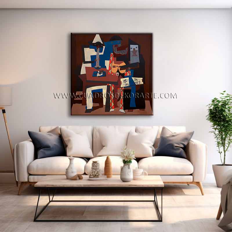 cuadros decorativos para sala Los Tres Músicos Pablo Picasso pintado a mano en medida de 100x100cm.