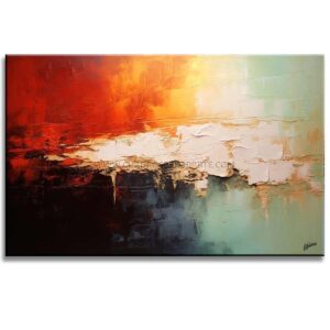 Pintura abstracta Fuego pintada a mano en acrílico en medida de 120X80cm. en colores acua, blanco, negro y rojo.