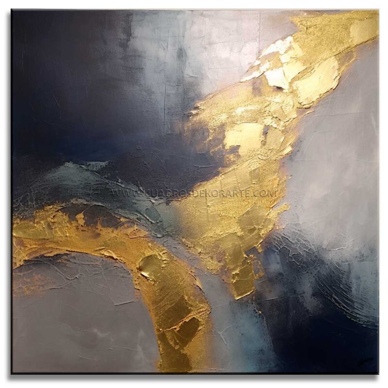 Pintura abstracta laberinto azul pintada a mano en acrílico en medida de 100x100cm. en colores azul, gris y dorado.