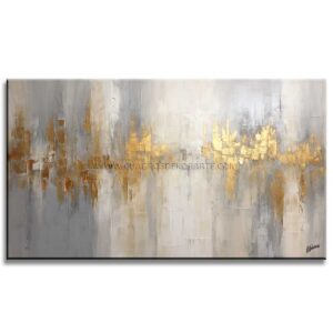 Pintura abstracta reflexion gris pintada a mano en técnica de pintura acrílica colores blanco, gris y dorado medida de 140x80cm.