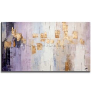 Pintura abstracta armonía pintada a mano en acrílico colores lila, blanco y dorado medida de 120x60cm.