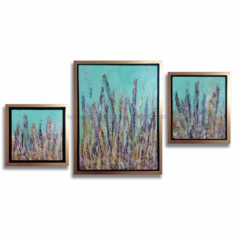 Cuadro corales marinos pintado a mano en acrílico tríptico en colores azul, ocre, morado y dorado medida de 92x50cm.