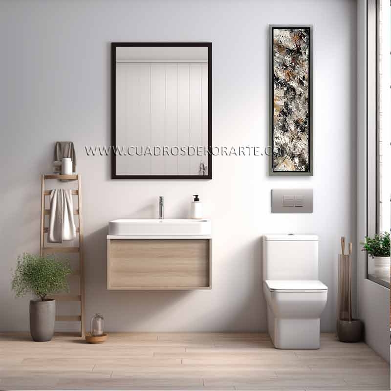 Cuadro decorativo para baño estilo abstracto rivera en medida de 17x60cm. en colores blanco, gris, negro y dorado.