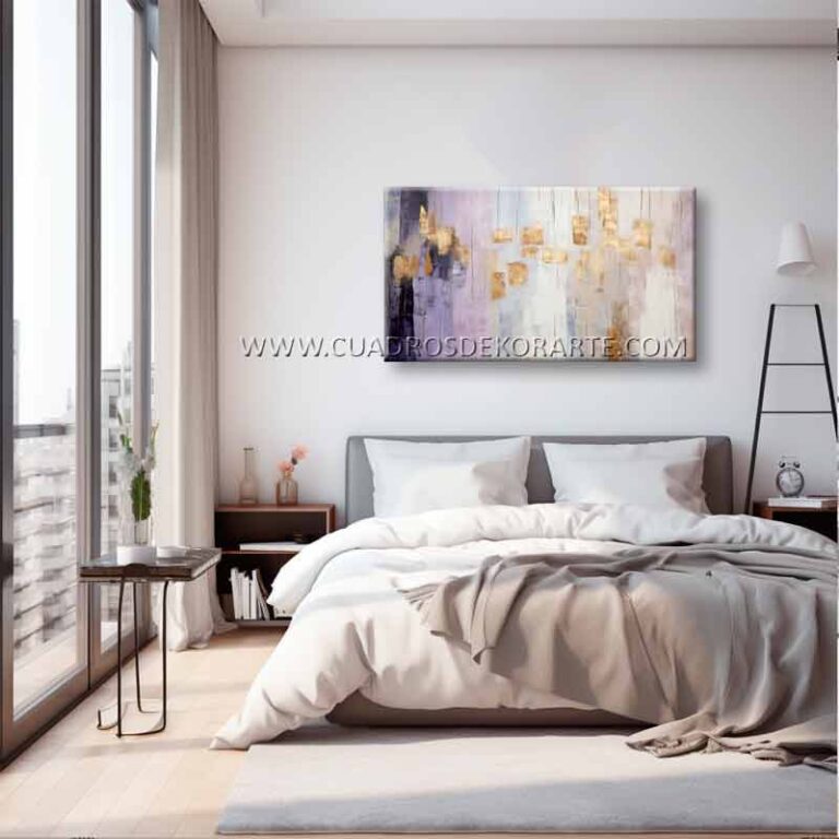 río Cuadro decorativo para recámara estilo abstracto rio en medida de 120x60cm. en colores lila, blanco y dorado.