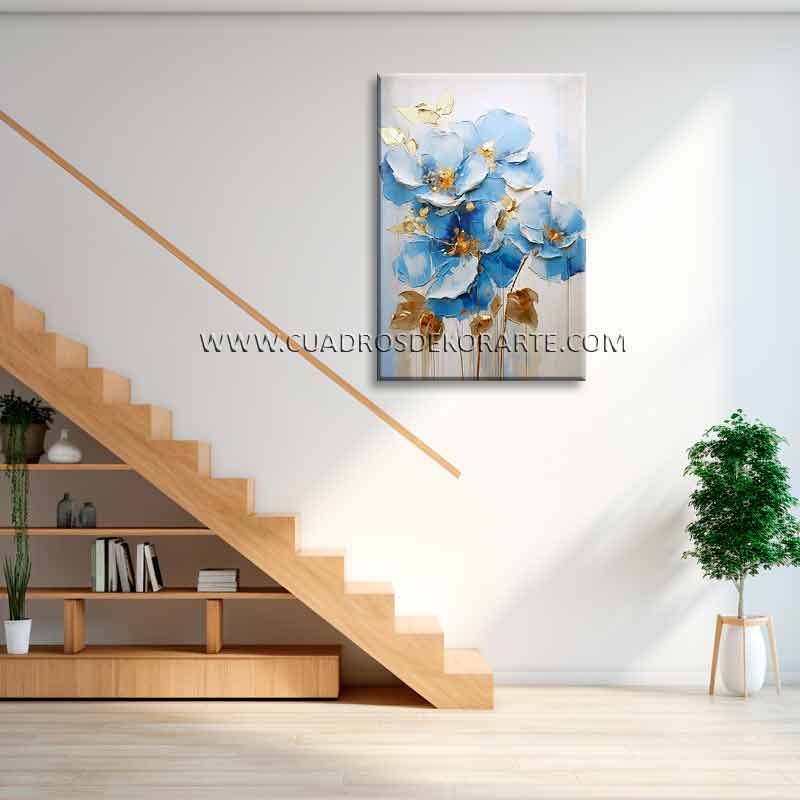 Cuadro decorativo para escaleras pintura de flores azules 2 en colores azul, dorado y blanco medida de 120x80cm.