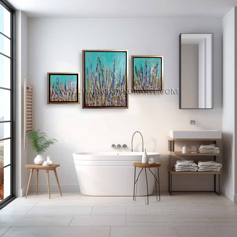 Cuadros decorativos para baño estilo moderno corales marinos en medida de 92x50cm. tríptico en colores azul, ocre, morado y dorado.