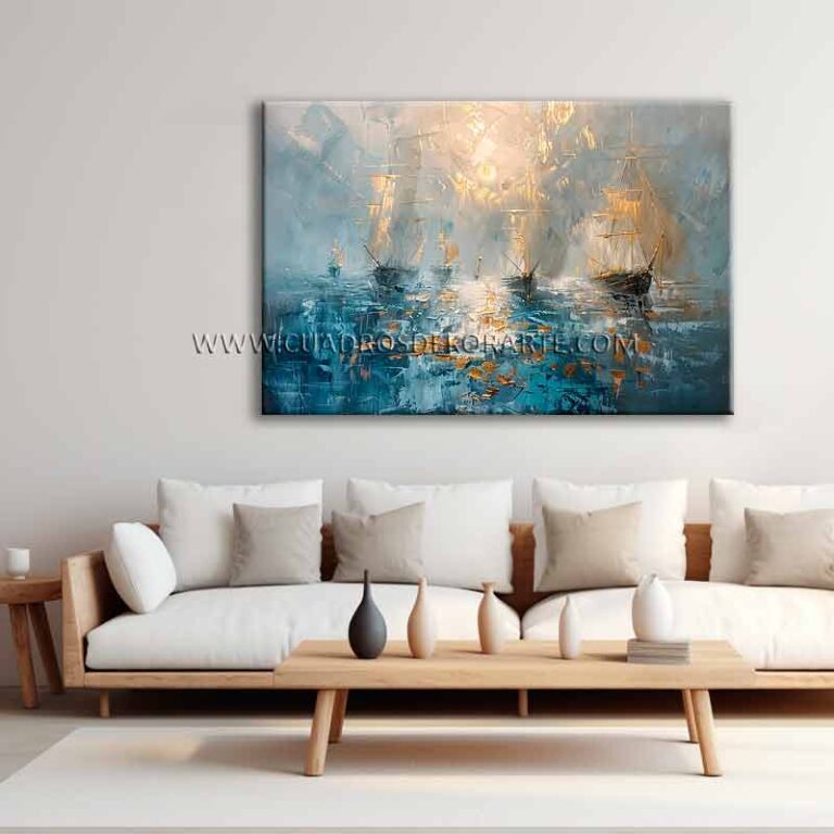 barcos en el mar cuadros de barcos en el mar para sala pintado a mano con pincel y espátula en medida de 120x80cm.