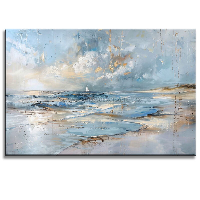 cuadros de playas pintado a mano en colores blanco, blanco y ocre en medida de 120x80cm.
