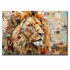 Cuadro de león pintado a mano en acrílico, con un león majestuoso de mirada tranquila en tonos ocre, blanco, anaranjado y café, con relieve táctil, de 120 x 80 cm, ideal para decorar una sala moderna.