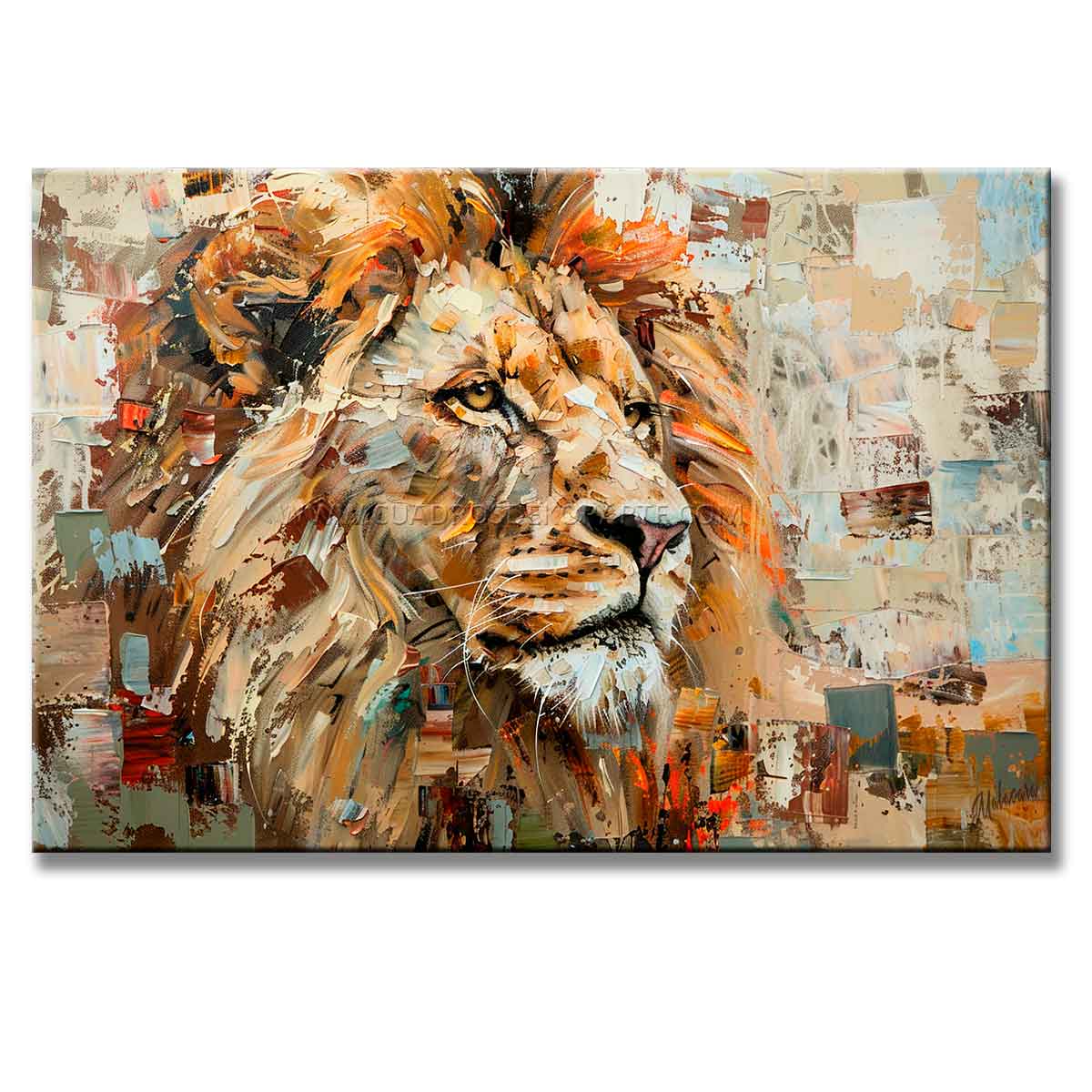 Cuadro de león pintado a mano en acrílico, con un león majestuoso de mirada tranquila en tonos ocre, blanco, anaranjado y café, con relieve táctil, de 120 x 80 cm, ideal para decorar una sala moderna.