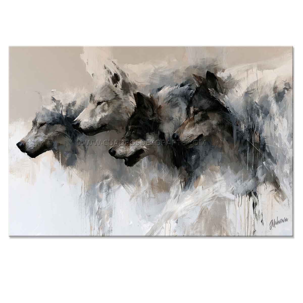 Cuadro de lobos pintado a mano en acrílico, con cuatro lobos en posición de acecho en tonos gris, blanco, sepia y negro, con relieve táctil, de 120 x 80 cm, ideal para decorar una sala moderna.
