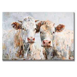 cuadros de vacas pintado a mano en colores blanco, azul y ocre en medida de 120x80cm.