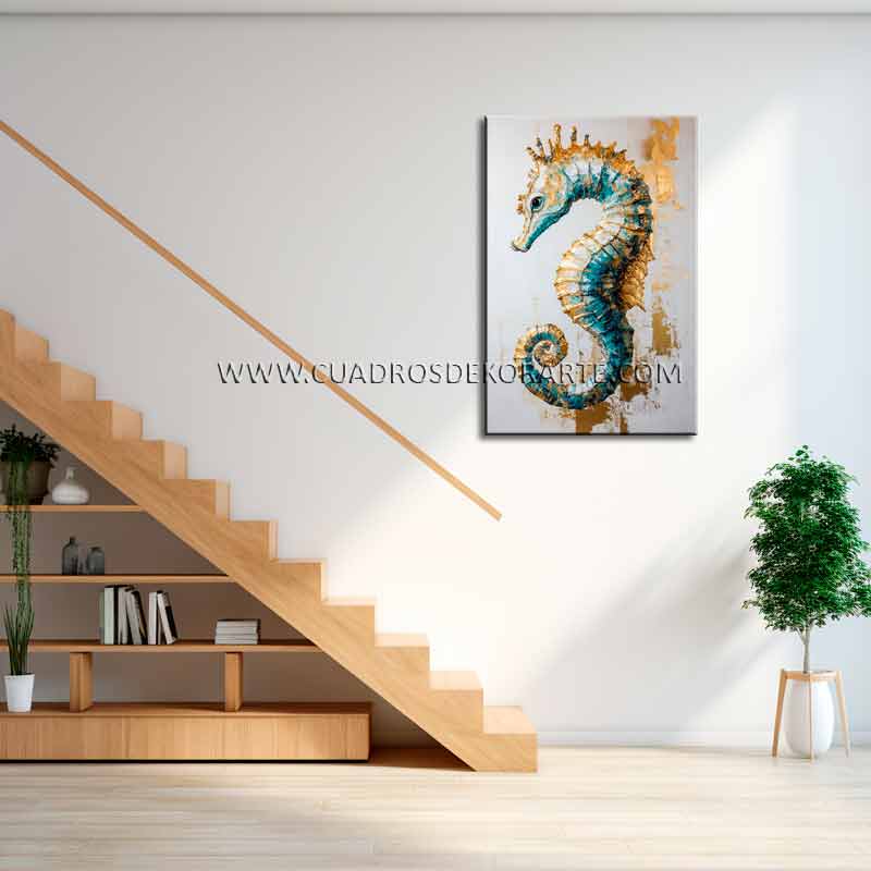 cuadros de caballitos de mar Cuadros modernos de caballito de mar para escaleras pintado a mano en medida de 120x80cm.