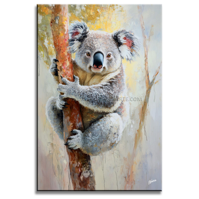 Cuadros de koalas estilo moderno pintado a mano en en colores gris, rosa, ocre y blanco en medida de 120x80cm.