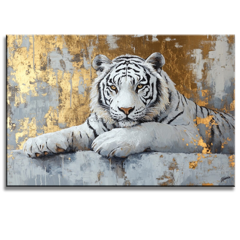 Cuadros de tigre blanco estilo moderno pintado a mano en en colores blanco, dorado y gris en medida de 120x80cm.