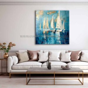 cuadros de veleros para sala pintado a mano en colores azul. blanco y dorado en medida de 100x100cm.