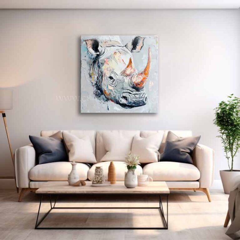 cuadro de rinocerontes para sala pintado a mano en medida de 100x100cm.