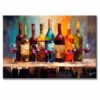 bodegones con botellas de vino pintado a mano en medida de 120x80cm. representa un grupo de botellas de colores y copas de vidrio estilo sobre una mesa.