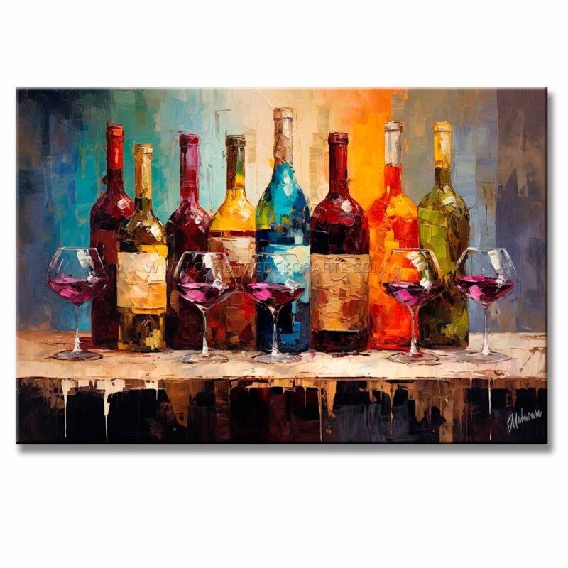 bodegones con botellas de vino pintado a mano en medida de 120x80cm. representa un grupo de botellas de colores y copas de vidrio estilo sobre una mesa.
