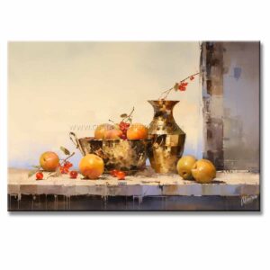 bodegones contemporáneos pintado a mano en medida de 120x80cm. representa dos vasijas con frutas estilo sobre una mesa.