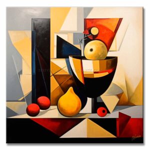 bodegones cubistas pintado a mano en medida de 100x100cm. representa un jarrón con frutas estilo cubista sobre una mesa.