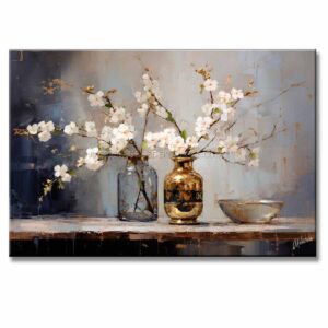 bodegones de flores pintado a mano en medida de 120x80cm. representa dos jarrones con flores blancas sobre una mesa.