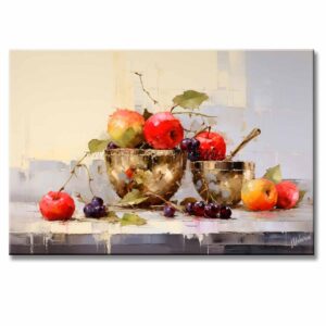 bodegones de frutas pintado a mano en medida de 120x80cm. representa dos vasijas con frutas sobre una mesa.