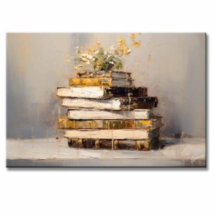 bodegones de libros pintado a mano en medida de 120x80cm. representa grupo de libros sobre una mesa.