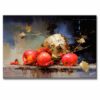 bodegones de manzanas pintado a mano en medida de 120x80cm. representa vasijas y manzanas rojas sobre una mesa.