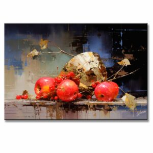 bodegones de manzanas pintado a mano en medida de 120x80cm. representa vasijas y manzanas rojas sobre una mesa.