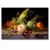 bodegones de verduras pintado a mano en medida de 120x80cm. representa un conjunto de verduras sobre una mesa.