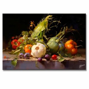 bodegones de verduras pintado a mano en medida de 120x80cm. representa un conjunto de verduras sobre una mesa.