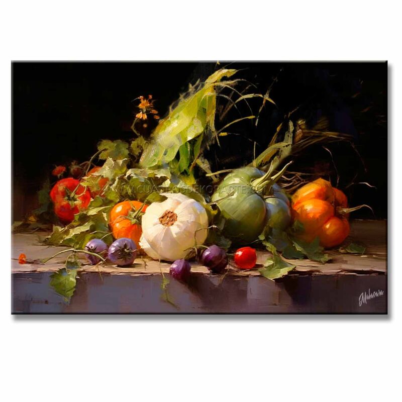 bodegones de verduras pintado a mano en medida de 120x80cm. representa un conjunto de verduras sobre una mesa.