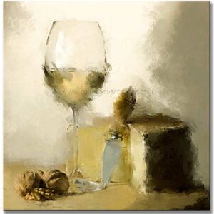 bodegones impresionistas pintado a mano en medida de 100x100cm. representa una copa de vino, nueces y queso.