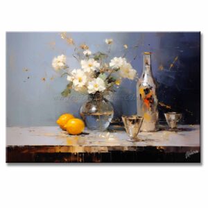 bodegones modernos pintado a mano en medida de 120x80cm. representa un florero y botella con limones en una mesa