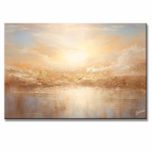 Cuadro atardecer dorado pintado a mano en acrílico con relieve táctil. Diseño moderno en blanco, azul, dorado y ocre para decorar salas.