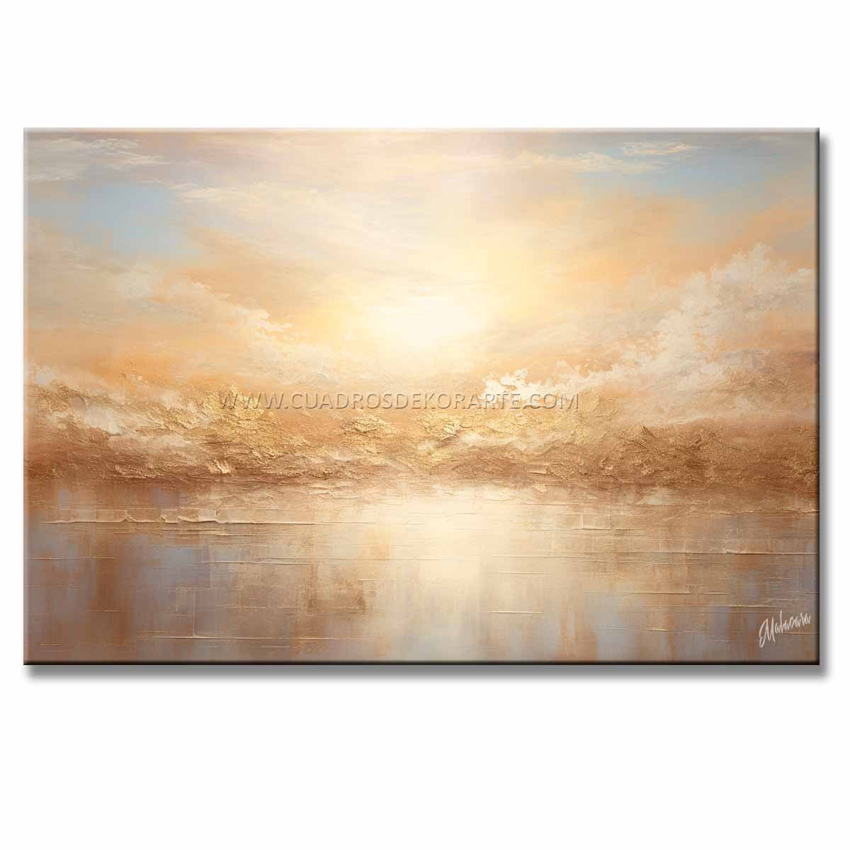 Cuadro atardecer dorado pintado a mano en acrílico con relieve táctil. Diseño moderno en blanco, azul, dorado y ocre para decorar salas.