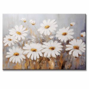 Cuadro campo de flores pintado a mano en acrílico con relieve táctil. Diseño moderno de 120x80 cm en blanco, dorado y gris para decorar salas.
