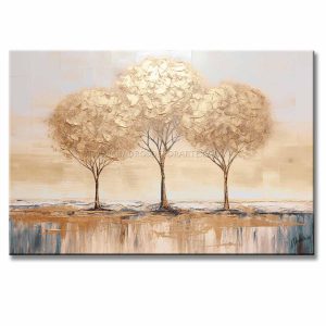 Cuadro de árboles en junio pintado a mano en acrílico con relieve táctil. Diseño moderno de 120x80 cm en gris, ocre y dorado para decorar salas.