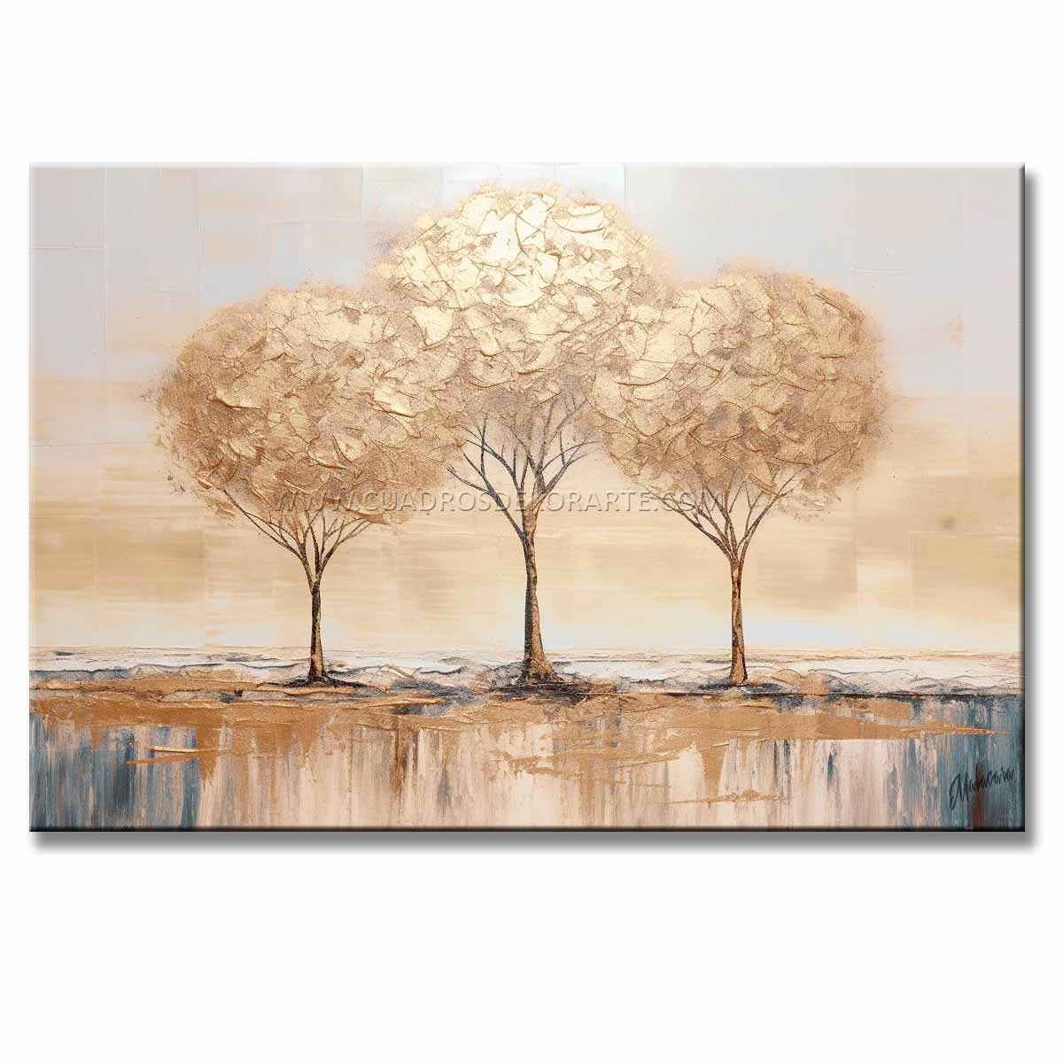 Cuadro de árboles en junio pintado a mano en acrílico con relieve táctil. Diseño moderno de 120x80 cm en gris, ocre y dorado para decorar salas.