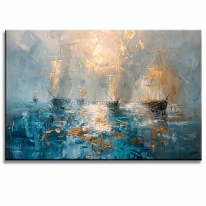 Cuadro de barcos en el mar pintado a mano en acrílico con relieve táctil. Diseño moderno de 120x80 cm en azul, dorado, gris y ocre para salas.