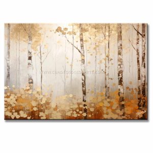 Cuadro de bosque con niebla pintado a mano en acrílico con relieve táctil. Diseño moderno en blanco, gris y ocre, ideal para decorar salas.