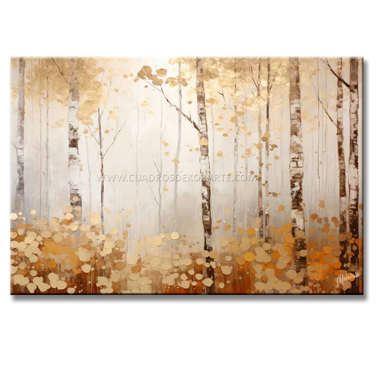 Cuadro de bosque con niebla pintado a mano en acrílico con relieve táctil. Diseño moderno en blanco, gris y ocre, ideal para decorar salas.