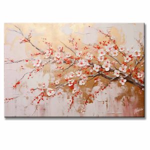 Pinturas de Cerezos Japoneses pintados a mano representa un cerezo en colores rosa, rojo y dorado.