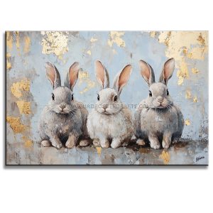 Cuadro de conejos pintado a mano en acrílico con relieve táctil. Diseño moderno de 120x80 cm en gris, dorado y azul, ideal para recámaras.