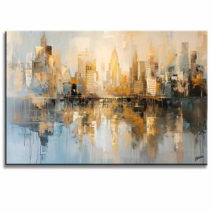 Cuadro de edificios al atardecer pintado a mano en acrílico con relieve táctil. Diseño moderno de 120x80 cm en blanco, gris y azul para salas.