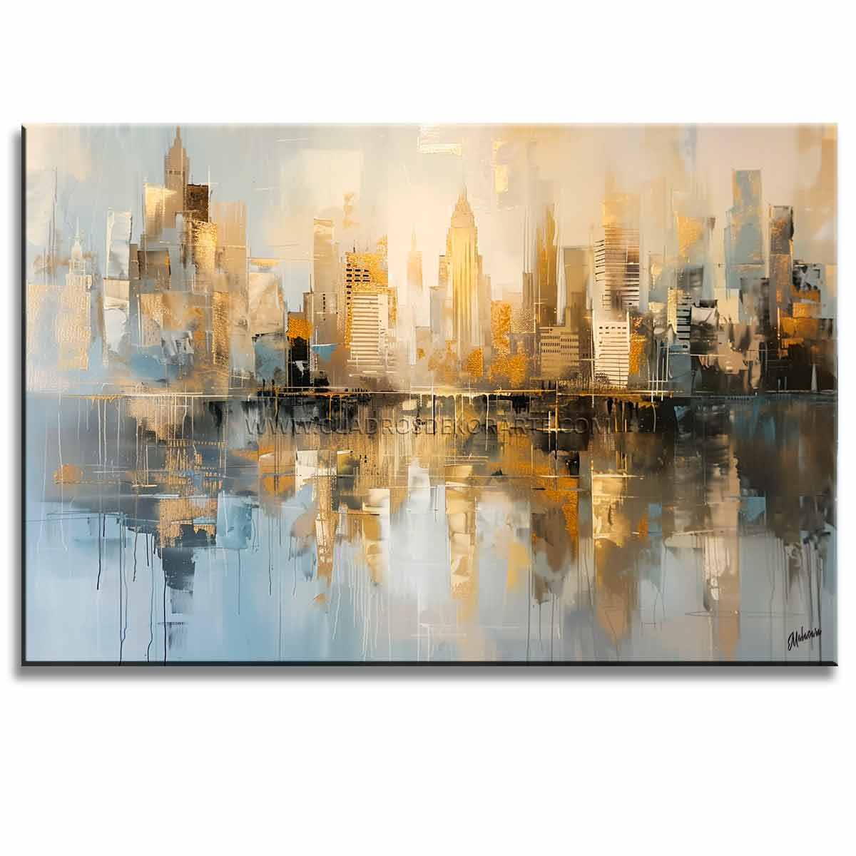 Cuadro de edificios al atardecer pintado a mano en acrílico con relieve táctil. Diseño moderno de 120x80 cm en blanco, gris y azul para salas.